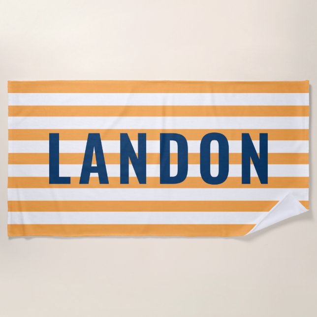 Modern Personalised Name Navy Orange Striped Beach Towel (Front)