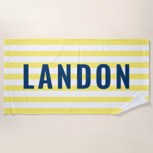 Modern Personalised Name Navy Yellow Striped Beach Towel