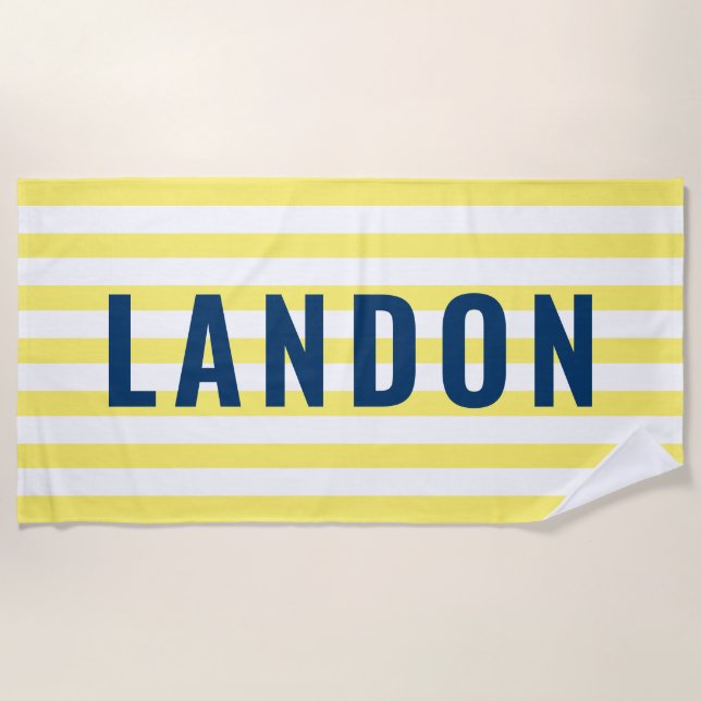 Modern Personalised Name Navy Yellow Striped Beach Towel (Front)