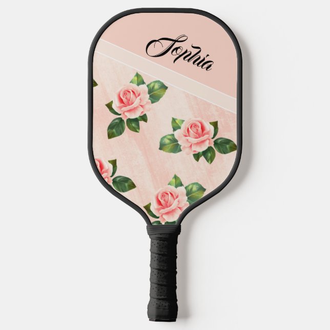 Modern Personalised Name Pink Rose Flower Black  Pickleball Paddle (Back)