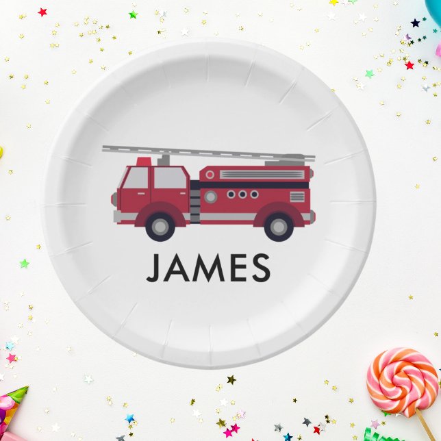 Modern Personalised Name Red Fire truck Birthday Paper Plate (Fireman Firetruck Boys birthday Party paper plate Modern Firefighter birthday theme)