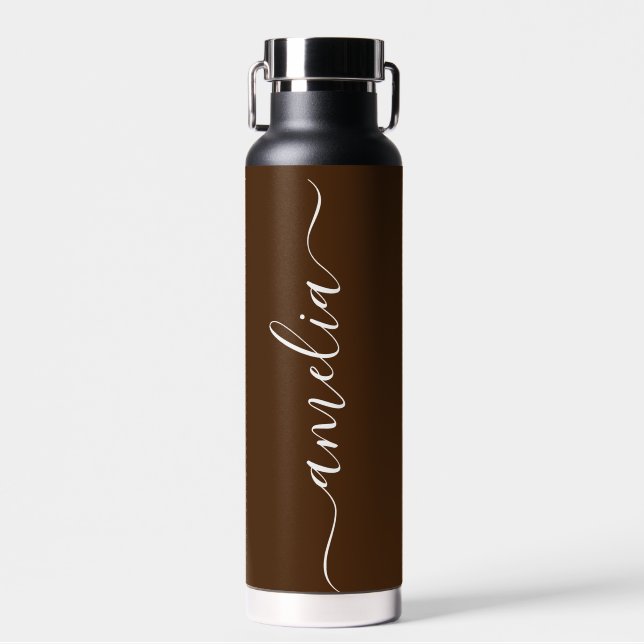 Modern Personalised Name Script Black And Brown  Water Bottle (Front)