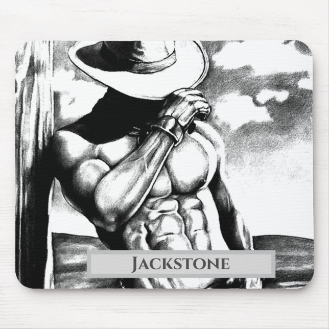 Modern Personalised Name Western Cowboy Cool Art Mouse Mat (Front)