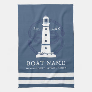 Modern Personalised Nautical lighthouse Boat Name Tea Towel