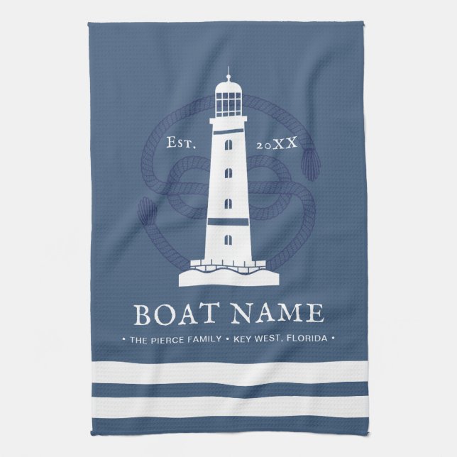 Modern Personalised Nautical lighthouse Boat Name Tea Towel (Vertical)