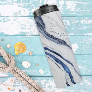 Modern Personalised Off-White Blue Marble  Thermal Tumbler