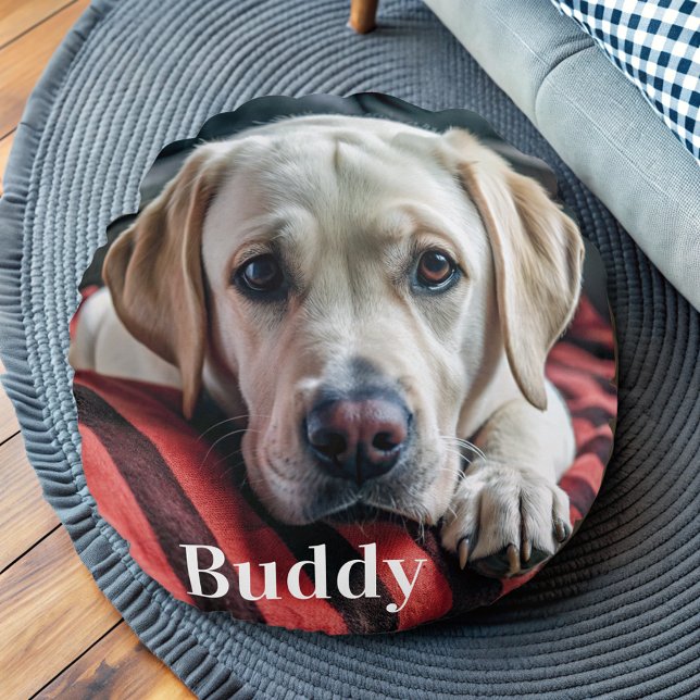 Modern Personalised  Pet Photo Name Dog Lover  Round Cushion (Creator Uploaded)