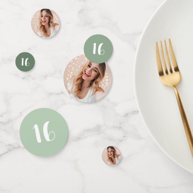 Modern Personalised Photo 16th Birthday Sage Green Confetti (Group)