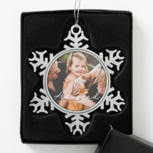 Modern Personalised Photo Adoption Announcement Snowflake Pewter Christmas Ornament