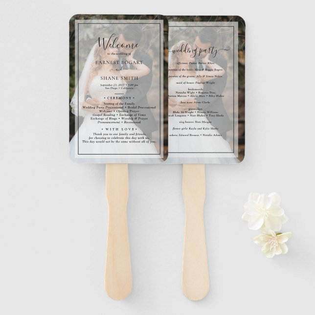 Modern Personalised Photo Overlay Wedding Program Hand Fan (Front and Back)