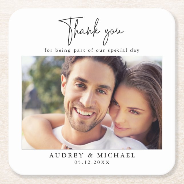 Modern Personalised Photo Wedding Thank You Square Paper Coaster (Front)