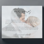 Modern Personalised Photo Wedding Vows Plaque<br><div class="desc">Wedding day vows keepsake plaque to always remember your special day and your promise to each other. This elegant wedding day keepsake plaque features a photograph of the couple with "Our Vows" text displayed in hand-written style typography. Personalise this design with your photo, names, wedding date and place, and her...</div>