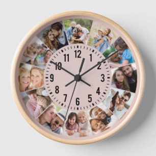 Modern Personalised Pink 12 Photo Collage Clock