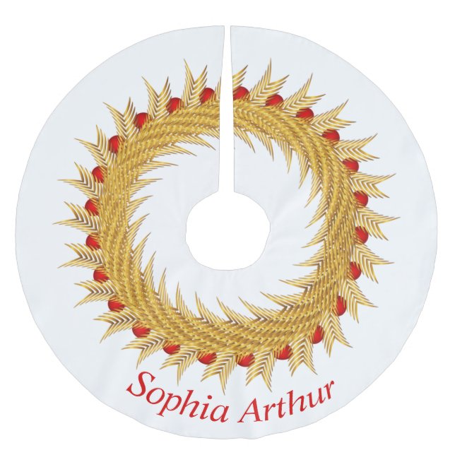 Modern Personalised Red Gold Wreath Christmas Brushed Polyester Tree Skirt (Front)