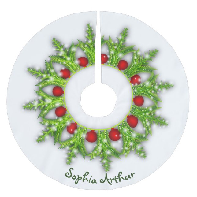 Modern Personalised Red Gold Wreath Christmas Brushed Polyester Tree Skirt (Front)