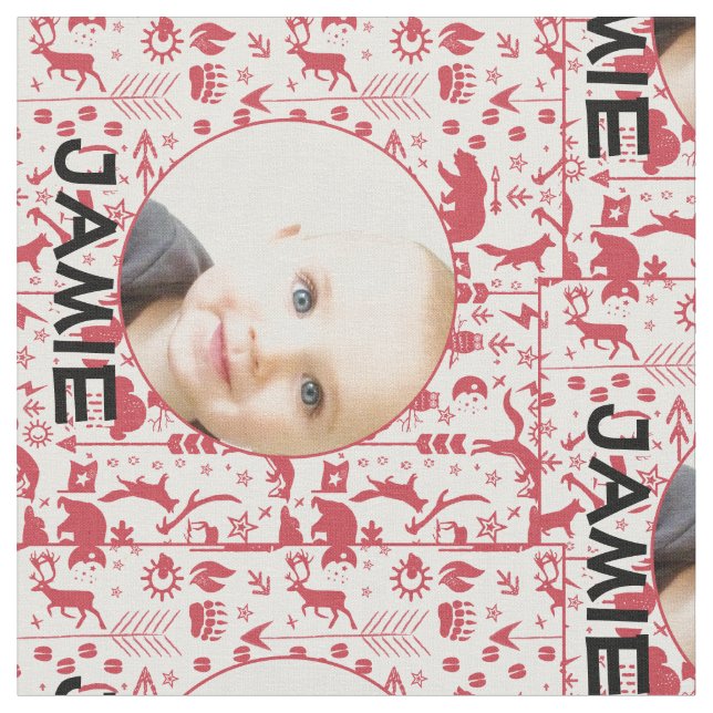 Modern Personalised Red Rustic Forest  Your Photo Fabric (Close Up)