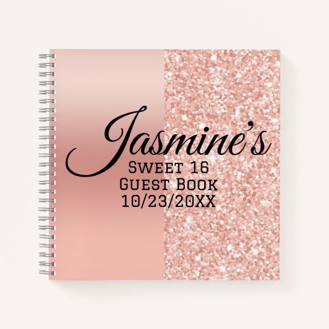 Modern Personalised Rose Gold Sparkle Guest Book (Front)