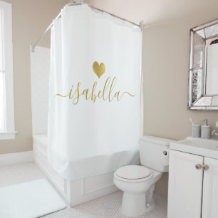 Modern Personalised Script Name Gold Heart Shower Curtain