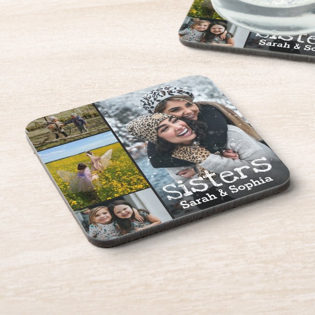 Modern Personalised Sisters 4 Photo Collage Coaster (Left Side)