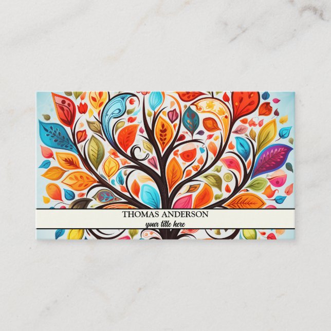 Modern Personalised Tree of Life - Colourful Leave Business Card (Front)