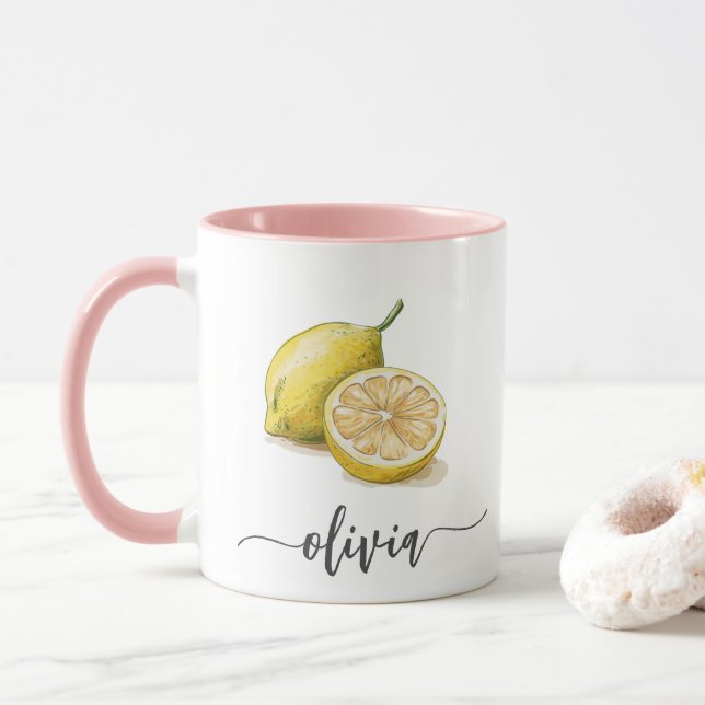 Modern Personalised Watercolor Yellow Lemon Pink Mug (With Donut)