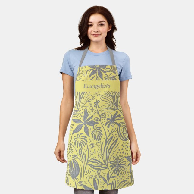 Modern Personalised Yellow Grey Floral Apron (Worn)
