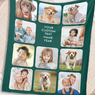 Modern Personalized 11 Photo Collage Emerald Green Fleece Blanket