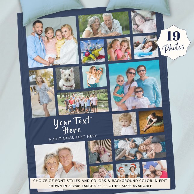 Modern Personalized 19 Photo Collage Navy Blue Fleece Blanket (Creator Uploaded)