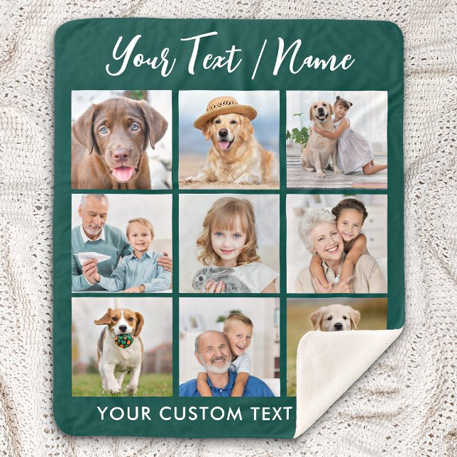 Modern Personalized 9 Photo Collage Emerald Green Sherpa Blanket (Creator Uploaded)