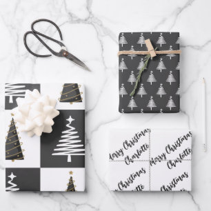 Modern Personalized Black and White Christmas Wrapping Paper Sheet
