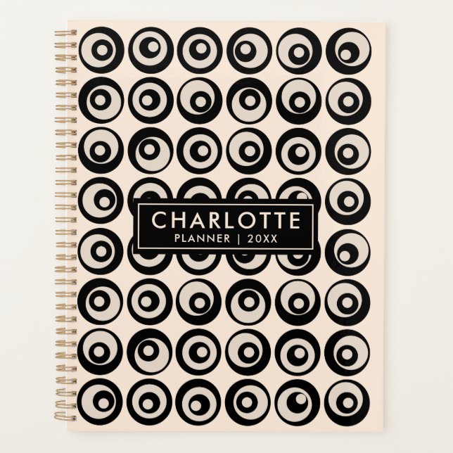 Modern Personalized Black Cream Circles 2023 Planner (Front)
