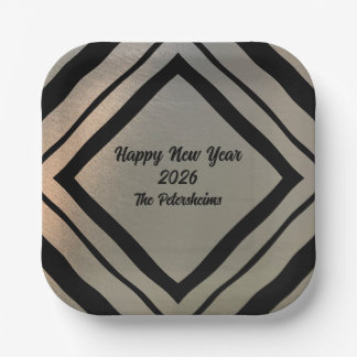 Modern Personalized Brushed Metal Happy New Years Paper Plate
