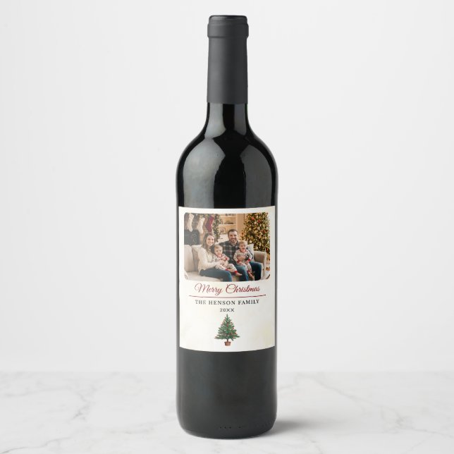 Modern Personalized Family Photo Christmas  Wine Label (Front)