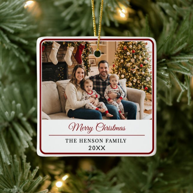 Modern Personalized Family Photo Merry Christmas  Ceramic Ornament (Tree)