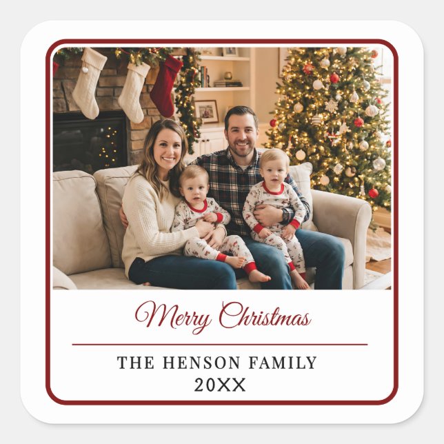 Modern Personalized Family Photo Merry Christmas  Square Sticker (Front)