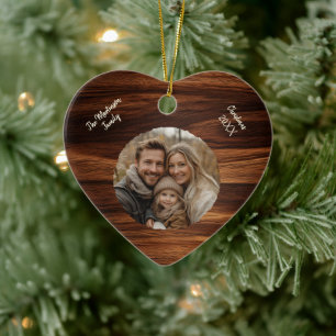 Modern Personalized Family Photo Woodgrain Heart Ceramic Tree Decoration