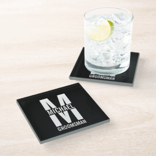 Modern Personalized Groomsmen Monogram and Name Glass Coaster