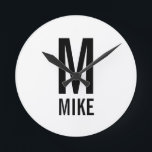 Modern Personalized Monogram and Name Round Clock<br><div class="desc">Modern Black and White Bold Monogram Design featuring personalized monogram and name in modern bold sans serif font style.

Unique gift for dad,  husband,  grandparents and more.
Also perfect as modern loft/minimalist home decor accessories,  birthday gift,  holiday gift,  family reunion gift,  housewarming gift and gift for any special occasions.</div>