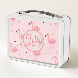 Modern Personalized Name Flamingo And Flowers Pink Metal Lunch Box