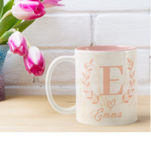 Modern Personalized Pink Marble Name & Love Shape  Two-Tone Coffee Mug