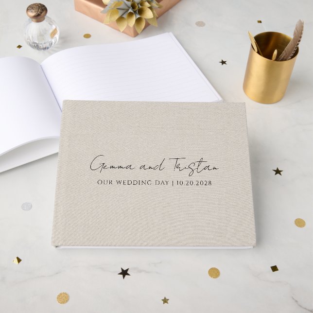 Modern Personalized Silver Gray Faux Linen Guest Book (Front Open)