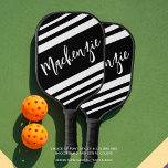 Modern Personalized Striped Custom Color Pickleball Paddle<br><div class="desc">Modern personalized custom color pickleball paddle featuring a name (or monogram) shown in an editable hand-lettered script typography and changeable white sporty stripes against an editable black background so you can create a custom design for the pickler or pickleball enthusiast. COLOR CHANGES: Change the text, stripe and/or background colors or...</div>