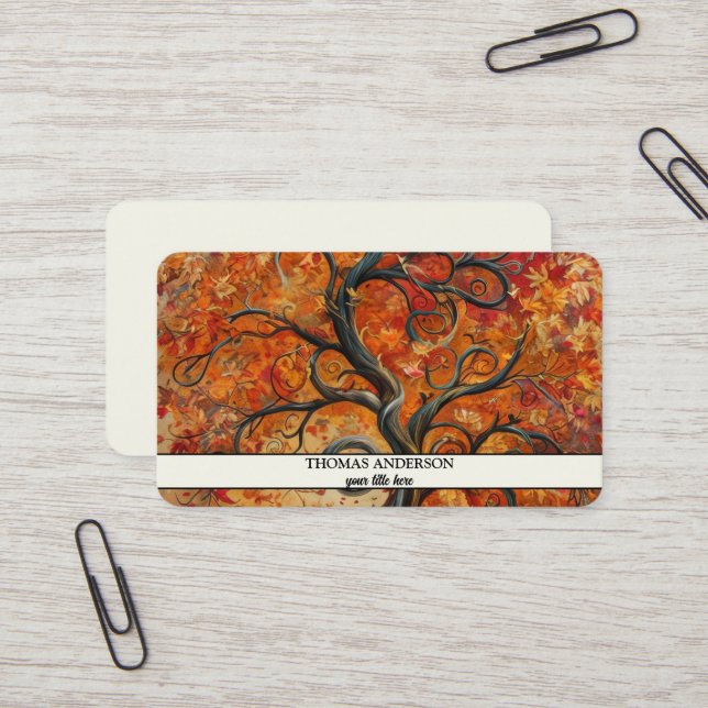 Modern Personalized Tree of Life - Colorful Leaves Business Card (Front/Back In Situ)