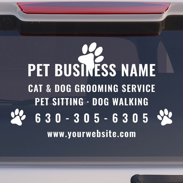 Modern Pet Grooming Car Window cling (Modern pet grooming car window decal with pet paw logo, services offered and phone number in white.)