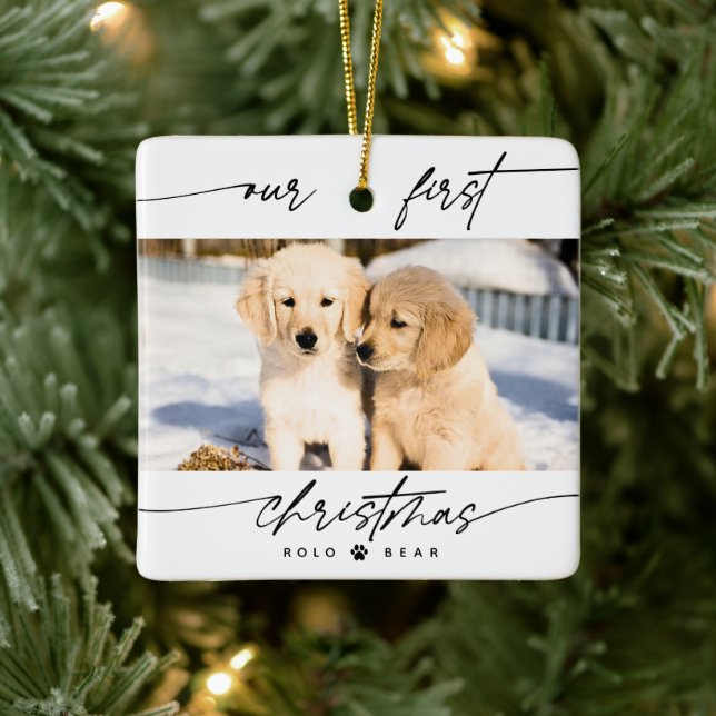 Modern Pet Lover's Our First Christmas Photo Ceramic Ornament (Tree)