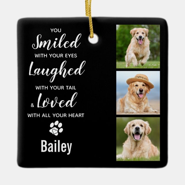 Modern Pet Memorial Keepsake Dog Loss 3 Photo Ceramic Ornament (Front)