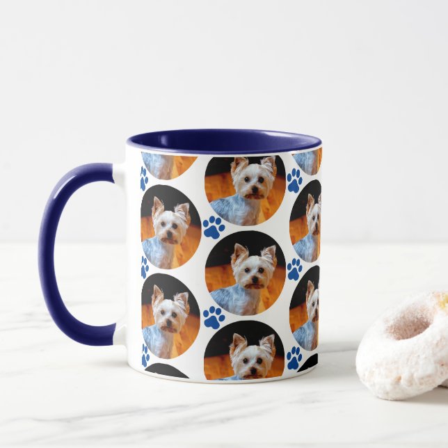 Modern Pet Photo Blue Paw Print Pattern  Mug (With Donut)