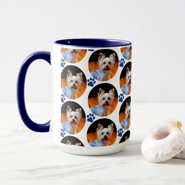 Modern Pet Photo Blue Paw Print Pattern  Mug (With Donut)