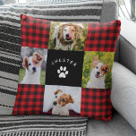 Modern Pet Photo Collage Red Buffalo Plaid Quilt Cushion<br><div class="desc">Modern red buffalo plaid pet photo collage pillow with space for 4 photos and your pet's name and paw print surrounded by a fun quilt pattern grid.</div>