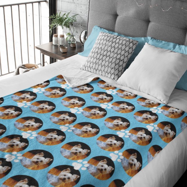 Modern Pet Photo Light Blue Paw Print Cute Fleece Blanket (Creator Uploaded)